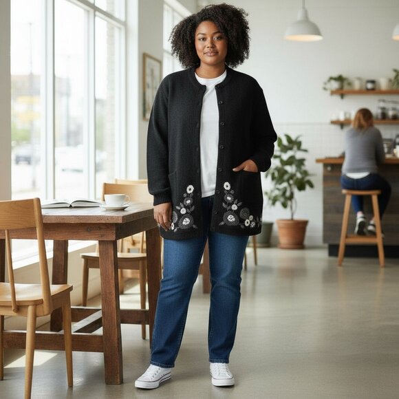 Sarah Spencer Woman 100% Wool Cardigan with Yarn Embellishment Plus 3X - Picture 1 of 11